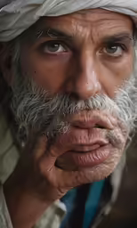 an old man with white turban looks at the camera