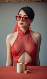 the young lady is wearing sunglasses and a red top
