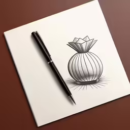 a pencil drawing of an onion with the top end folded and its contents lined up on paper next to it