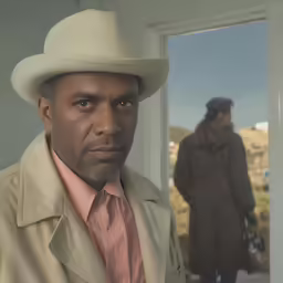 a man with a white hat and trench coat