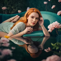 a woman is lying down on a blue couch and pink flowers