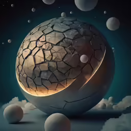a large sphere with several smaller white balls floating