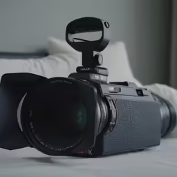 a camera sits on a bed with white sheets