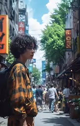 a young man standing at a crowded alley way
