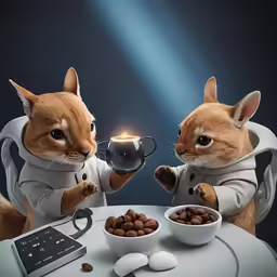 two cats sitting on top of a table with food