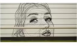a drawing of a woman with large eyes behind a window