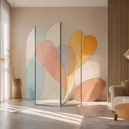 a white room with some colorful designs in the corner