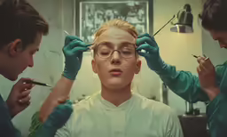 a woman having her makeup done while another man watches
