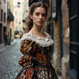 woman standing in the street wearing a fancy dress