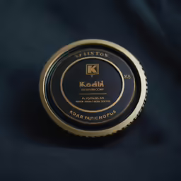 a black and gold compact tin on a blue background