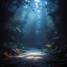 a pathway through the forest on a foggy day