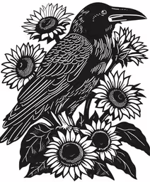 a crow and sunflowers on a white background,a crow sitting on top of some flowers