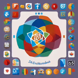 an abstract graphic is shown with the words, numbers and symbols of each type,an illustrated colorful rose with different icons surrounding it