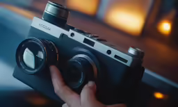 a close up of a person holding a camera