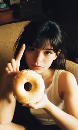 a woman on a couch holding up a doughnut