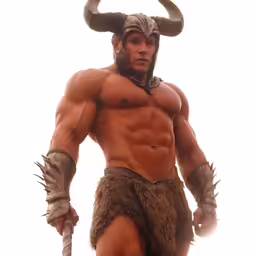 the man in costume is wearing a helmet and horns
