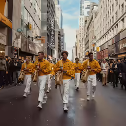 the men are wearing yellow jackets in the parade