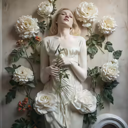 woman in dress and flowers lying on side of large wall