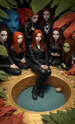 there are seven dolls sitting on a golden circle in the image