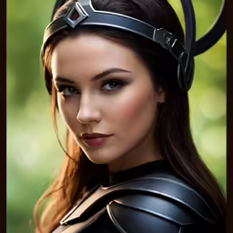 a woman wearing helmet with horns in her head and the image above is of her
