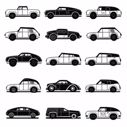 black and white silhouettes of various types of cars,cars lined up against each other, all drawn in one point