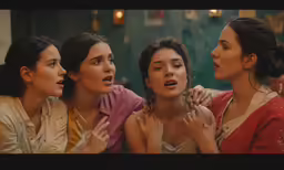 five women on either side look at each other