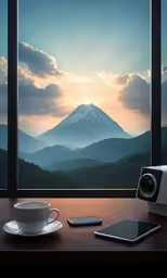 a laptop and camera on top of a desk with a view of a mountain