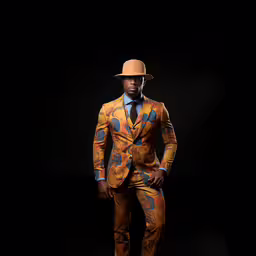 an african man in a brightly colored suit and hat,a man in a suit and hat poses for a picture