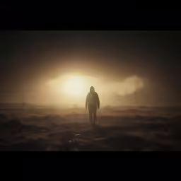 a person walking in a field with the sun coming down