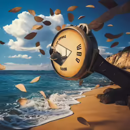 the clock is in front of the water and flying leaves