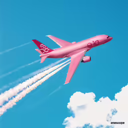 a red plane flying in the blue sky with some smoke