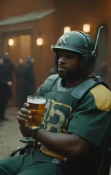 a man in a green uniform with a beer