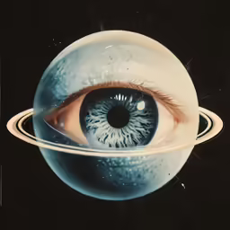 an eye peers from behind saturn with rings around it
