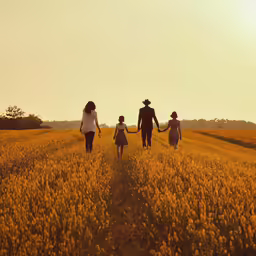 three people are walking in the grass holding hands