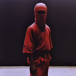 there is a man dressed in a red outfit,there is a man in a red robe that has a covering on