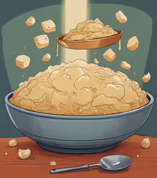 an illustrated image of a pie with a large spoon hovering over it,a bowl with rice falling out of it
