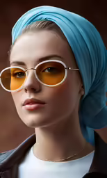 a woman wearing a head scarf and glasses