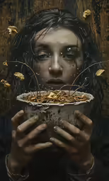 a painting of a woman with eyes closed eating cereal out of a bowl