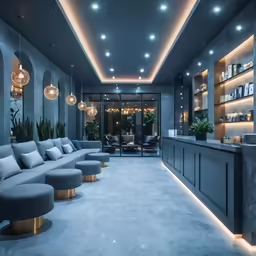this modern bar has modern seating around it