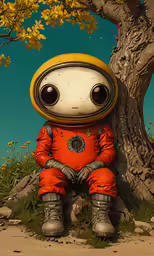 a little astronaut doll sits in front of a tree