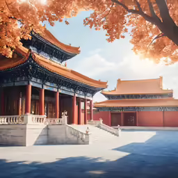 a red and orange pagoda with trees next to it