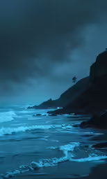 dark seas with stormy skies and trees along the shore