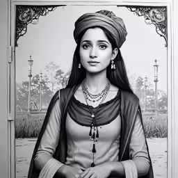 this is a drawing of a beautiful girl wearing a turban and beads