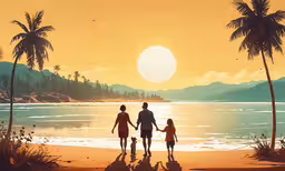 a painting of a family walking along a tropical beach at sunset,a painting of a family walking along the shore of a beach at sunset