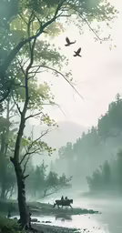 horses and riders walking through the river while birds fly overhead