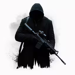 a black hooded person holding a gun
