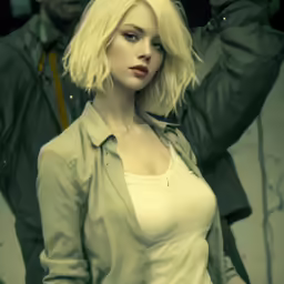 a woman standing in front of a man and posing for the camera