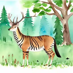 a painting of a brown and black zebra in front of a forest with trees