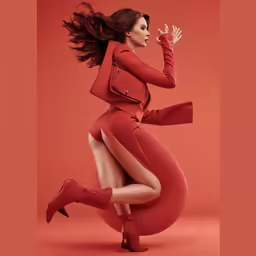a woman in a red outfit dancing on red background