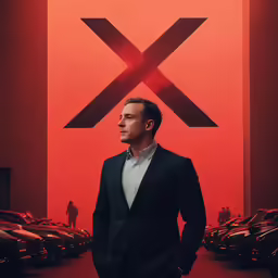 a man in a suit stands in front of a wall and looks back